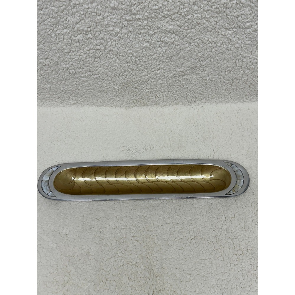 Julia Knight Oblong Tray 15" Gold‎ Silver Mother of Pearl Enamel Aluminum Dish